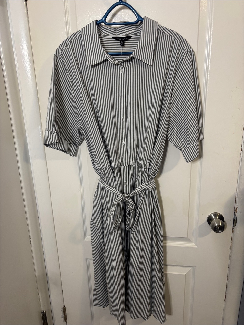 Lane Bryant Black and White Striped Midi Shirt Dress with Tie Waist